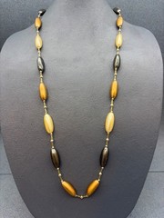 Vintage Oval Bead Necklace 34 In Gold Yellow Brown Multi-Tone Earthy Retro Boho