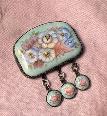Exquisite Vintage Hand-painted Russian Rostov Floral Enamel Porcelain Brooch Pin