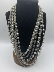 Vintage Silver Toned Layered Bead and Chain Statement Necklace