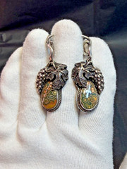 Mid Century Art Sterling SIlver Dangle Earrings Orbicular Jasper Grapevine Lever
