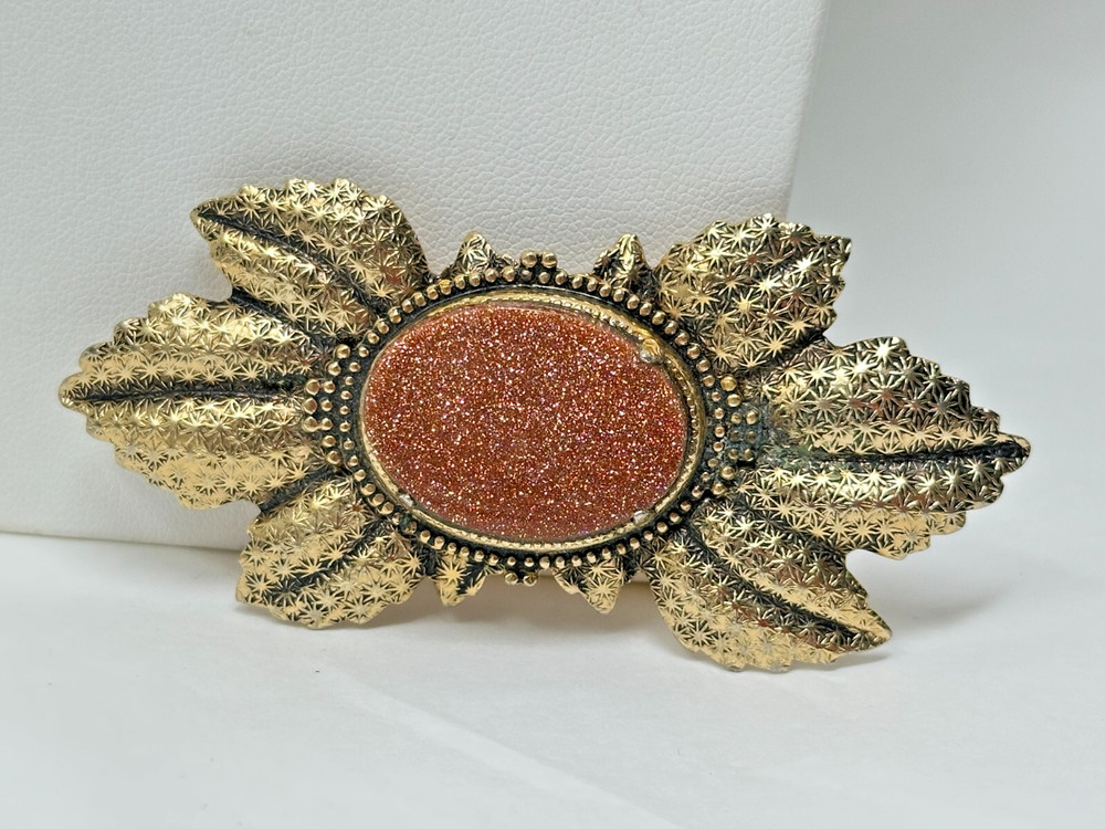 Vintage Goldtone Oval Goldstone Large 3 1/8″ Leaf Pin Brooch