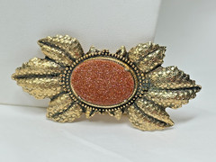Vintage Goldtone Oval Goldstone Large 3 1/8″ Leaf Pin Brooch