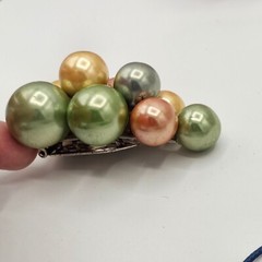 Vintage Cluster Grapes Clip-On Fur Clip Multicolor Big Faux Pearls Fruit Jewelry