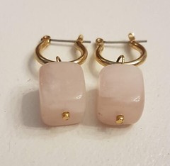 Gold Snap Top Hoops .5″ Pierced EARRINGS with Removable Pink Quartz Cube dangles