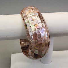 Vintage Mother of Pearl Bangle Bracelet Mosaic Wide Domed Peach Pink 8.25″