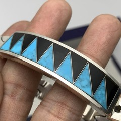 VTG Sterling Silver Turquoise Inlay TR-110 Mexico Hinged Link Bracelet