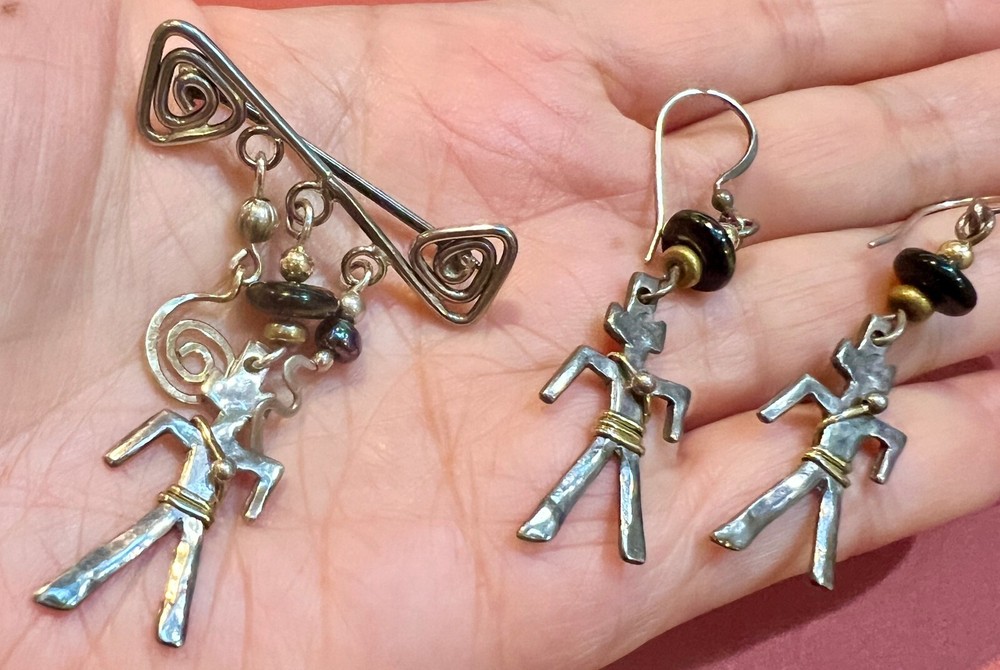 Artisan Handcrafted Sterling Silver Person Figural Brooch and Earrings Dangling