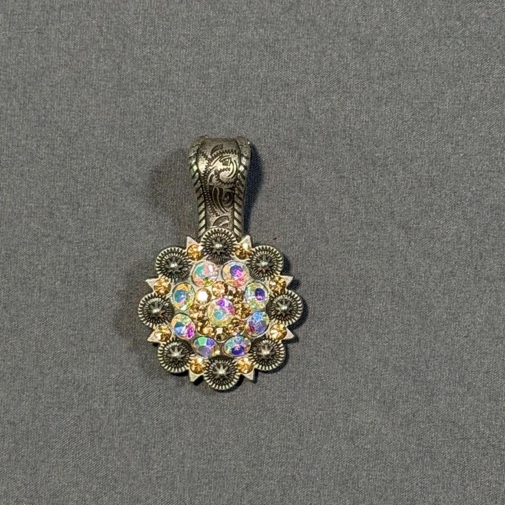 BHW Western Concho Pendant AB & Topaz Rhinestone Crystal Silver Tone Berry Bling