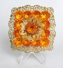 Vintage Vivid Orange Rhinestone Crystal Fancy Gold Filigree 2″ Square Brooch Pin