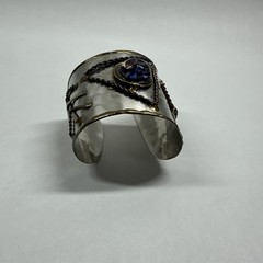 Vintage Mixed Metals Brutalist 7″ Cuff Bracelet Blue Swirl Glass Stone