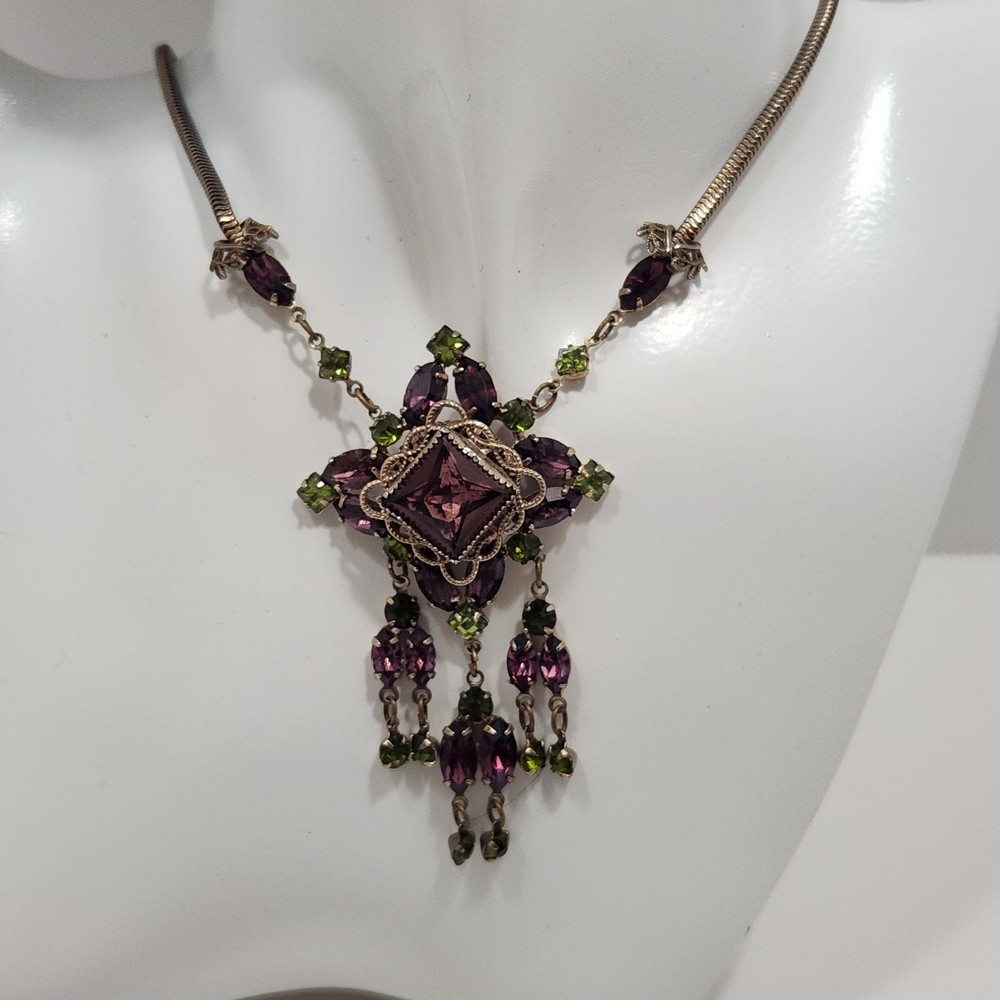 Vintage Victorian Revival “Amethyst And Peridot” Ornate Necklace 15.5 IN.