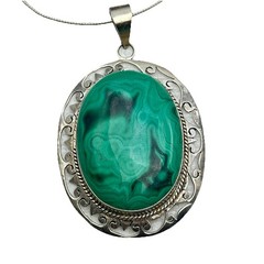 Sterling Silver & Malachite Statement Artisan Pendant Chain Necklace Handmade