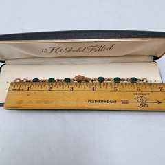 Vintage 6.5 In 12k Gold Filled Green Stone Double Heart Tennis Bracelet With Box