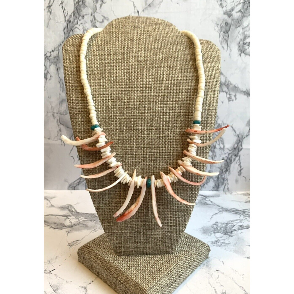 Vintage Dyed Puka Shell Necklace Barrel Clasp Spikey Pink White Boho Choker 14″