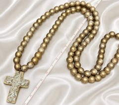 Vintage Original Shattered Fine Art Glass Cross Gold Wood Prayer Beads Necklace