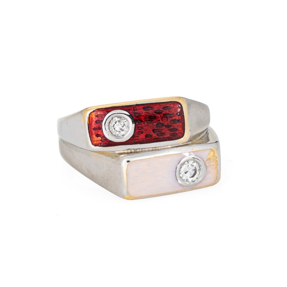 80s Portuguese Enamel Cube Ring 19k White Gold Double Band Sz 6 Fine Jewelry