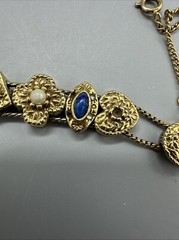 Vintage Signed Goldette NY Multiple Gemstones Safety Chain Slide Charm Bracelet