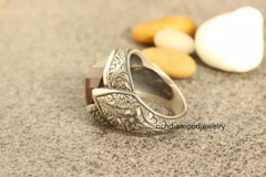 Mid-Century Filigree Style Vivid Red Fancy Shape Ruby Men’s Solitaire Fine Ring
