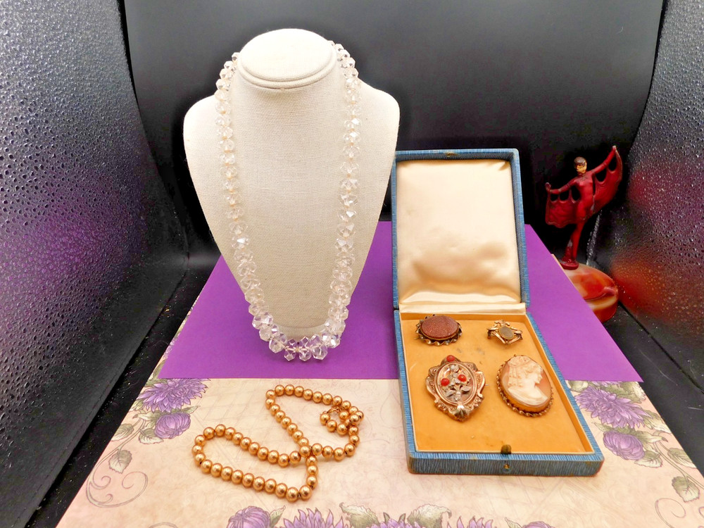 Antique jewelry lot mixed necklaces Gold filled beads Cameo Victorian broochs