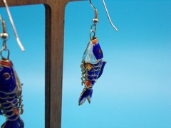 Vintage Cloisonné Blue Enamel Koi Fish Dangle Articulated Earrings French Wire