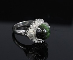 Vintage 4.02ct Cats Eye Green Tourmaline & 0.50ct Diamond Platinum Ring Size 5.5