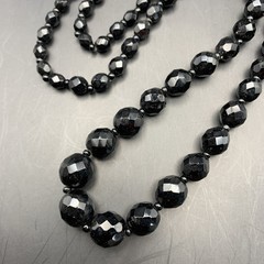 Long Black Glass Bead Necklace Graduated 36 In Shiny Faceted Look Beaded Vintage
