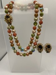 Exquisite Vintage Necklace & Earrings. Peridot, Coral, & Peach Colors W/ Gold .