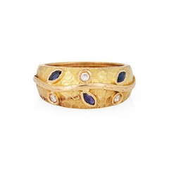 80s Portuguese Vine Leaf Ring 19k Yellow Gold Sapphire Diamond Band Sz 8.5