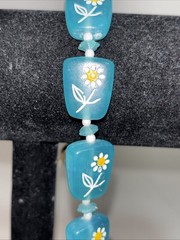 Mid-century Beaded Necklace Inset Daisy Flower Aqua Blue Beads Vintage Hong Kong