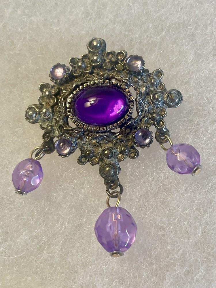 Faux Amethyst Cabochon Brooch with Hanging Amethyst Crystals Vintage