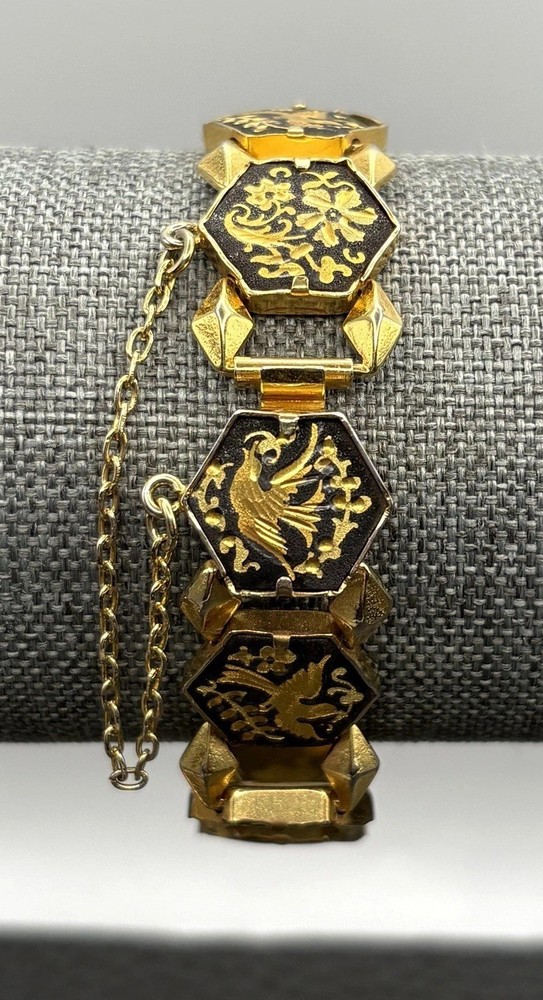 Vintage Damascene Gold Plated Hexagon Black Enamel Phoenix Bird Bracelet 7.25”