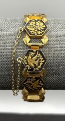 Vintage Damascene Gold Plated Hexagon Black Enamel Phoenix Bird Bracelet 7.25”
