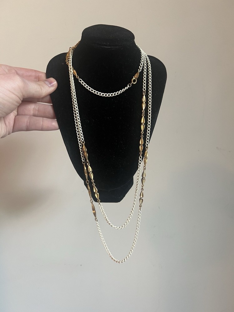 Vintage Napier Signed Gold and White Link Long Chain Necklace 60” !! H3