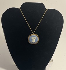 Wedgwood Blue Jasperware Liberty Bell Cameo Pendant Necklace Very Good