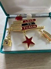 Tona Gold Tone Multicolor Enamel Book Stack And Dangling Charms Teachers Brooch