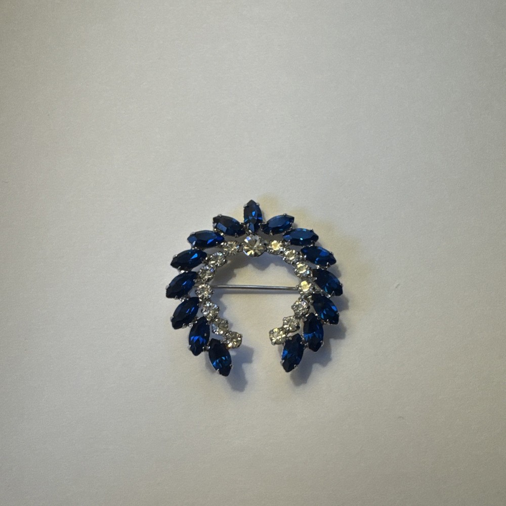 B. David Sapphire Blue Rhinestones And Pearls Laurel Wreath Brooch
