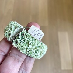Vintage Bracelet Molded Plastic Green Celluloid Flower Rhinestone Clamper Hinged