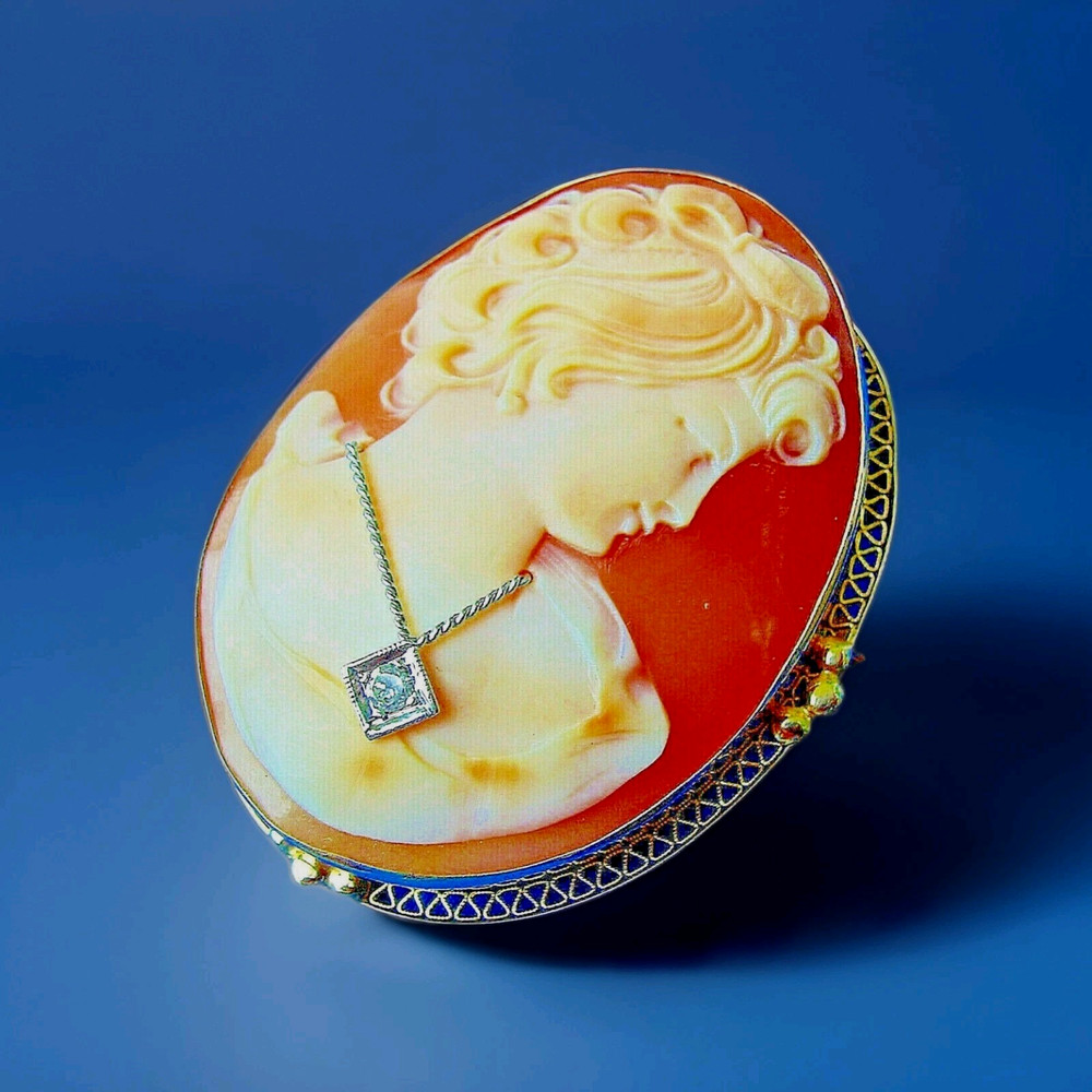 Original EARTH MINED DIAMOND Deco Antique Victorian SOLID 14K GOLD Cameo Broach