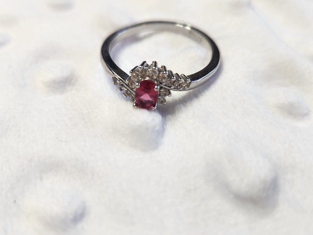 Vintage Oval Ruby & Cubic Zirconia Ring 925 Silver S11 Cocktail Halo Engagement!