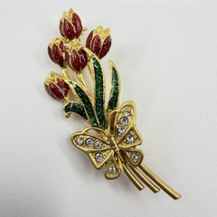 Vintage Pot Metal Floral Flower Glitter Brooch Enamel Butterfly Rhinestone