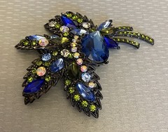 Vintage Blue AB Rhinestone Brooch Oversized Corsage Bouquet Black Metal unsigned