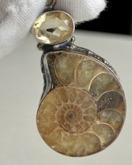 Ammonite Fossil Gemstone Bezel Set 1.75” Pendant 925 Sterling Silver 9.45g Vtg.