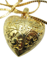 Carved Brass Puffed Heart Vintage Pendant Necklace Long Chain NWT MCM Unworn