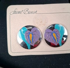 Vtg Laurel Burch Enamel Stud Earrings purple/Teal Silvertone Anthurium Flower