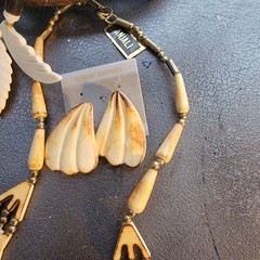 lot of carved bovine bone jewelry vtg or antique Necklace Earrings India organic