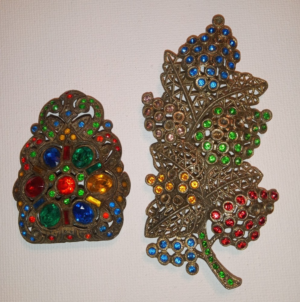 Vintage 1930s Multi Color Rhinestone Dress Clip & Grape Brooch (L/N) Lot As Is
