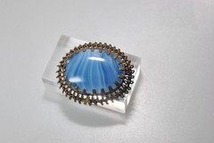 Vintage Filigree Bright Blue Slag Art Glass Brooch Pin oval bezel ML11
