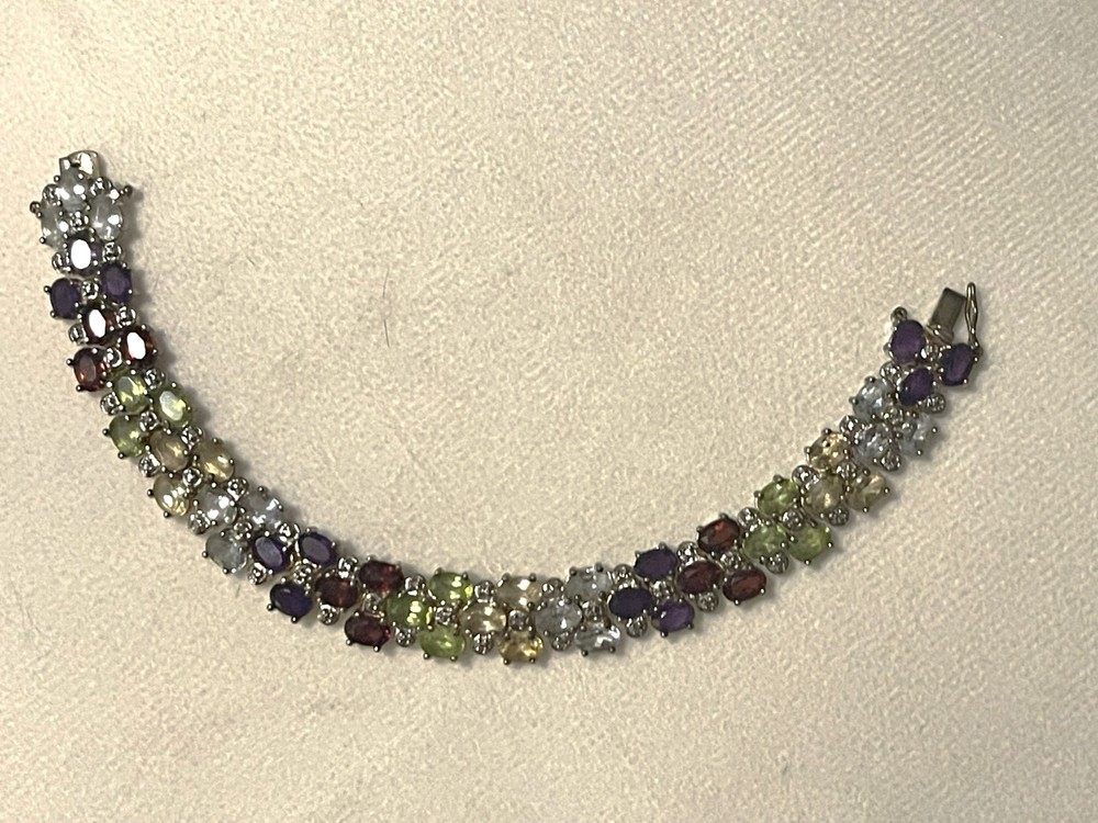 Vintage 925 Sterling Silver Gold Vermeil Multi Natural Gemstone Bracelet 8″