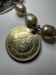 Vintage Handmade 7″ Coin Bracelet w/ 7 Coins Africa India 1947-1957 Faux Pearls