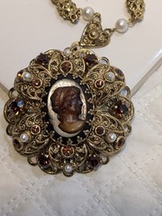 Vintage Victorian Revival Cameo Necklace Amber Rhinestones Filigree box clasp